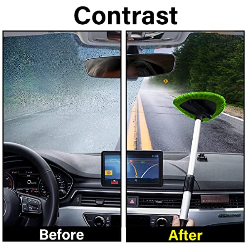 Windshield Cleaning Tool, Car Window Cleaner with 4 Washable Reusable Microfiber Pads, Extendable Long Handle Glass Wiper Cleaning Kit, Auto Accessories Universal for Office and Home (Green) - color: Green