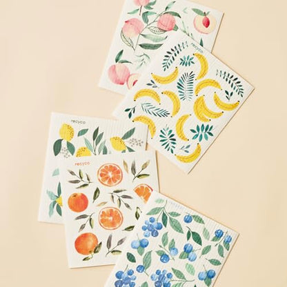 RECYCO Swedish Dishcloths for Kitchen | 5 Pack Washable Dish Rags | Cellulose Reusable Cleaning Paper Towels | Absorbent Counter Dish Cloth Sponge Kitchen Wipes, 8" L x 7" W - color: Fruitful Foliage-5 Pack