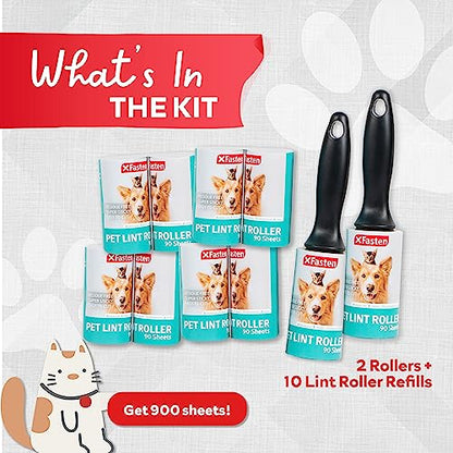 XFasten Lint Rollers for Pet Hair - Extra Sticky (900 Sheets/10 Refills/2 Upgrade Handles) Heavy Duty Portable Lint Remover Brush for Clothes, Dog Cat Furniture - size: 900 Sheets (10 Refills + 2 Handles)