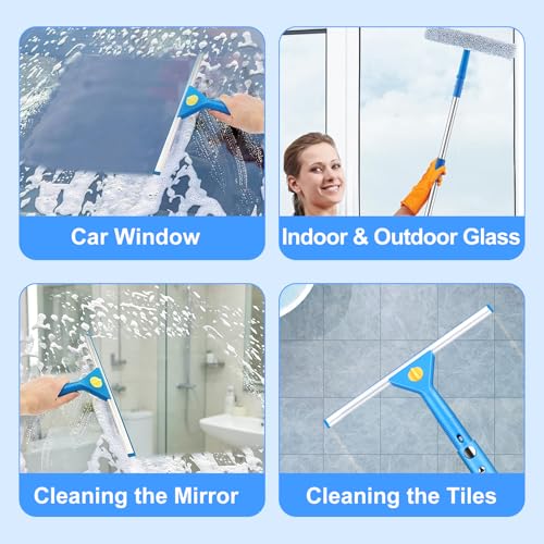 10 Feet Professional Squeegee Window Cleaner Tool with Extension Pole | Car Windshield Cleaning Kit with Long Handle, Queegee & Scrubber, Window Washing Equipment for Indoor Outdoor Windows & Glass