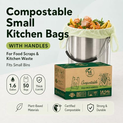 UNNI 1.6 Gallon Compostable Trash Bags with Tie Handles, 50 Count Small Food Scrap Kitchen Compost Bags for Countertop Bin, Certified by BPI, CMA & OK compost HOME, Meets ASTM D6400 - size: 50 Count (Pack of 1), style: 1.6 Gallon
