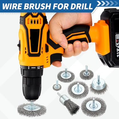 Wire Brush for Drill Set 82Pack, Crimping Steel Wires 0.012" (Carbon Steel) Wire Wheel Cup Pen Brush Drill with 1/4" Round Shank - for Rust, Cleaning, Deburring on Cast Iron - size: 1/1.5/2/2.5/3in
