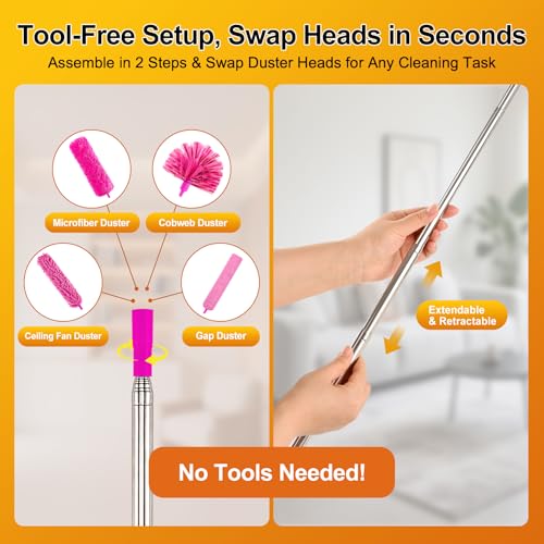 Tiumso 5-in-1 Duster with Extension Pole 100 inch Extendable Dusters for Cleaning Anti-Spin Reusable Dusting Kits for High Ceiling Fans, Cobwebs & Vents, Reinforced Stainless Steel Telescopic Handle - color: Rose Red