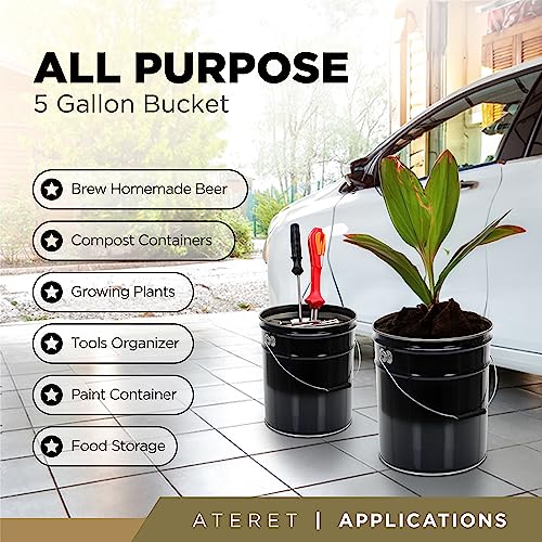 ATERET 5 Gallon Black Metal Bucket, Heavy Duty Durable Steel Open Head Pail with Handle for Outdoor and Household Use (24 Pack - Bucket Only) - size: 24pk - 5 Gal