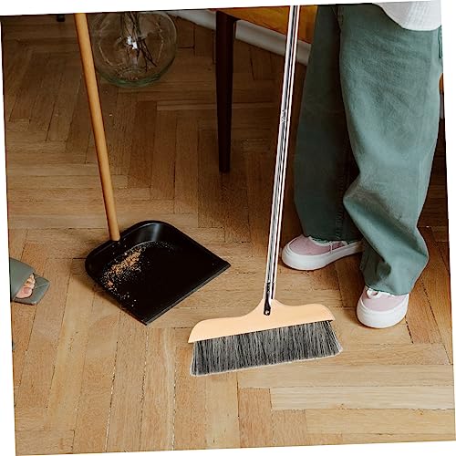 Wood Bristle Broom Heavy Duty Household Sweeper Long Handle Soft Bristle for Tile Surface Cleaning - color: Black