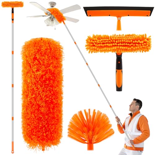 30 Feet High Reach Duster Kit with 2-24 ft Extension Pole High Ceiling Dusting and Window Cleaning Kit with Window Washer & Squeegee, Cobweb Duster, Washable Head for Ceiling Fan(Orange) - color: Orange, size: 30 ft