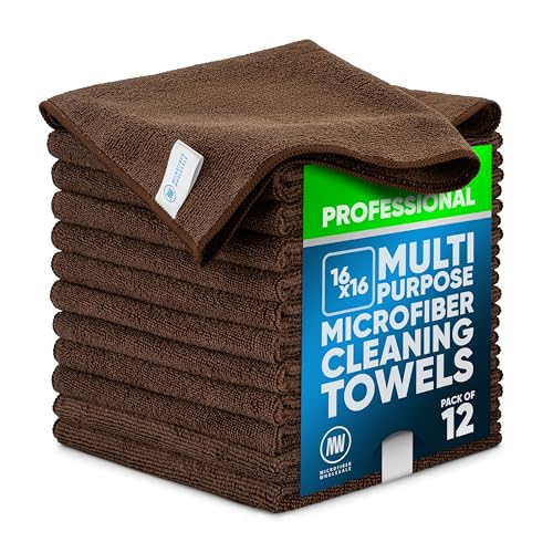 MW Pro Microfiber Cleaning Cloth | Brown | 12 Pack | 16” x 16” | Coffee, Barista, Espresso Towels - Clean, Dust, Polish, Scrub, Absorbent - color: Brown