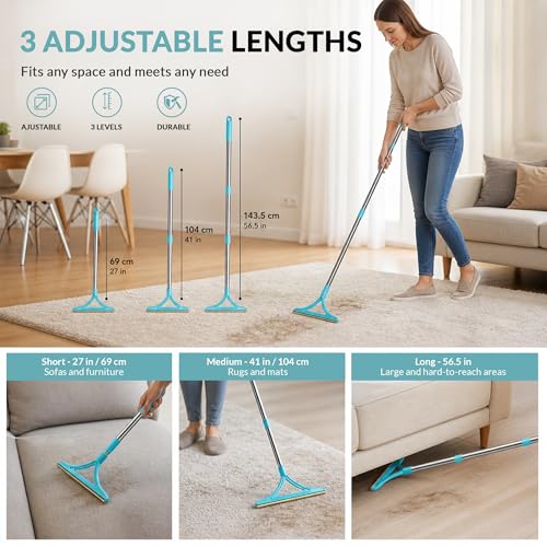 3 Pack Set Pet Hair Removal Tool – Reusable Carpet Rake Set with Long Handle, Dual-Sided Scraper & Detail Tool for Carpet, Furniture, Car & Embedded Dog & Cat Hair - color: Blue