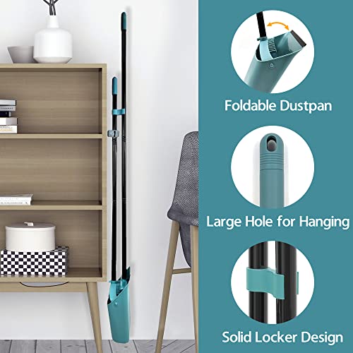JEHONN Broom with Dustpan Combo Set, Long Handle Lightweight Indoor Broom Set, Upright Standing Dust Pan with Comb Teeth Store Sweep Set for Home Room Kitchen Office Lobby (Grey-Green) - color: Grey-green
