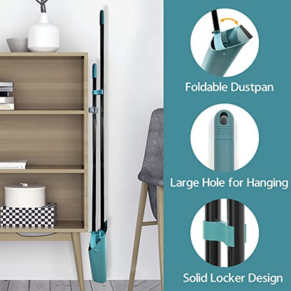 JEHONN Broom with Dustpan Combo Set, Long Handle Lightweight Indoor Broom Set, Upright Standing Dust Pan with Comb Teeth Store Sweep Set for Home Room Kitchen Office Lobby (Grey-Green) - color: Grey-green