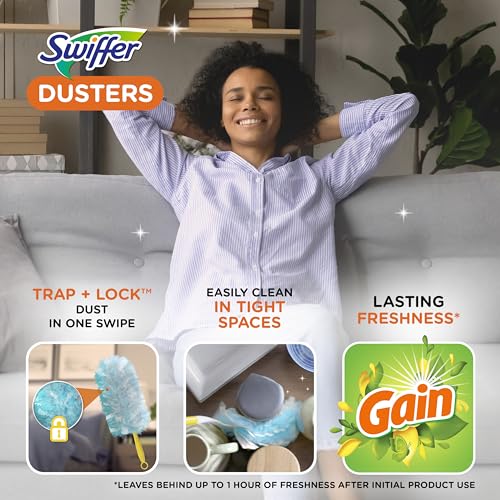 Swiffer Dusters Refill for Cleaning, Made by SWIFFER, Feather & Microfiber Duster Disposable Alternative, for Dusting Furniture, Blinds, Ceiling Fans, Helps Remove Allergens, Gain Scent, 18 Count - size: 18 Count (Pack of 1), style: Gain Scent, 18 Ct