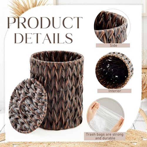 Ctosree 1.3 Gallons Small Trash Can with Lid Handle Boho Woven Braided Bathroom Waste Basket Trash Can with 100 Garbage Bags for Bedroom Office Laundry(Braided Polypropylene, Dark Brown) - color: Dark Brown, style: Round