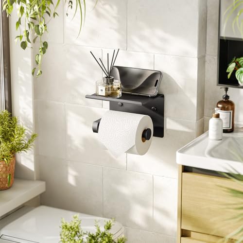Tindbea Toilet Paper Holder with Phone Shelf, Adhesive or Screw Wall Mount Toilet Tissue Roll Holder, Rustproof & Multifunctional Stainless Steel Bathroom Storage Dispenser (Matte Black) - color: B-matte Black
