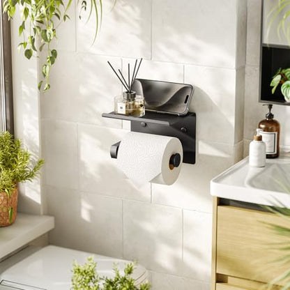 Tindbea Toilet Paper Holder with Phone Shelf, Adhesive or Screw Wall Mount Toilet Tissue Roll Holder, Rustproof & Multifunctional Stainless Steel Bathroom Storage Dispenser (Matte Black) - color: B-matte Black