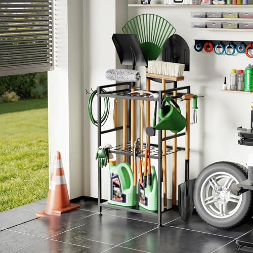 SPACECARE Garden Tool Organizer with Feet, Yard Tower Rack for Garage Organization and Storage, Up to 35 Long-Handled Tools/Rakes/Brooms, Heavy Duty Steel Garden Tool Stand for Shed, Outdoor, Black - style: RACK-with Feet