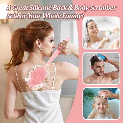 Silicone Back Scrubber & Bath Glove Set 2PCS, 13.4'' Gentle Shower Back Scrubber with Dual-Side Head Non-Slip Handle, 360° Anti-Slip Hand-fit Bath Glove for Rich Foaming Deep Cleaning(Pink) - color: Pink*2