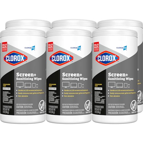 CloroxPro Clorox Screen+ Sanitizing Wipes, Bleach Free Cleaning Wipes, Citrus Blend Scent, 75 Count, Pack of 6 - size: 75 Count (Pack of 6)