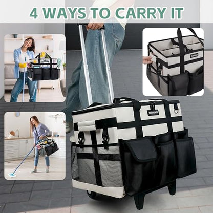 Large Rolling Cleaning Caddy Bag with Wheels, with Detachable Trolley, Cleaning Bags on Wheels for Housekeepers, Cleaning Cart Supplies Organizer for Home, Car, Picnic (Beige) - color: Beige