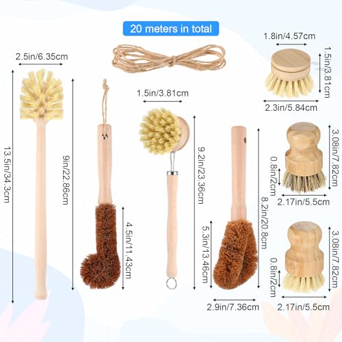 9pcs Bamboo Dish Brush Set Wooden Dish Brush with 14’’ Bottle Brush Natural Kitchen Scrub Brush Dish Scrubber for Kitchen Cleaning Dishes Pans Bottles Sink Vegetables Household