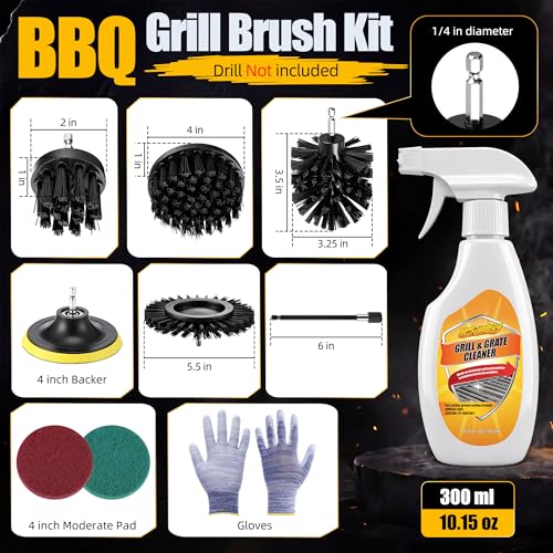 BBQ Grill Brush with Cleaning Spray, Cordless Drill Spin Brush Cleaning Kit - Nylon Safe Bristle & Wire Free, Safe for Stainless Steel, Porcelain, Charcoal Smoker Grill (Drill Not Included)