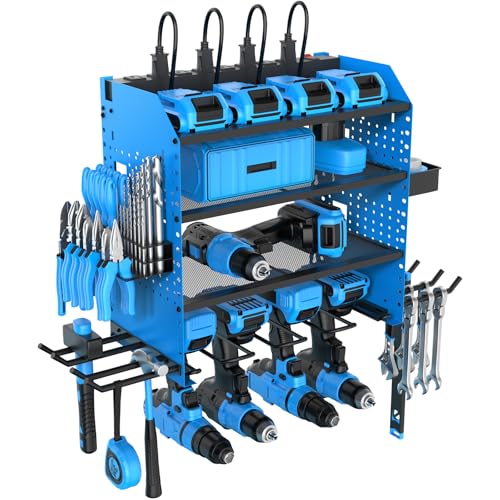 Heavy Duty Power Tool Organizer Wall Mount with Charging Station, 4 Layer Garage Storage Adjustable Shelves Height, Holds 4 Drills, 2 Hooks, Screw & Screwdriver box, Gifts for Fathers Day, Anniversary - color: Blue