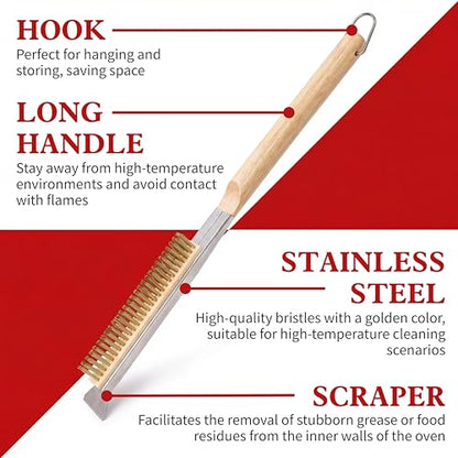 ZEAYEA 21 Inch Pizza Oven Brush with Scraper, Brass Bristles, Copper Wire Pizza Stone Cleaning Brush for BBQ Grill Cleaning, Outdoor Oven Accessories