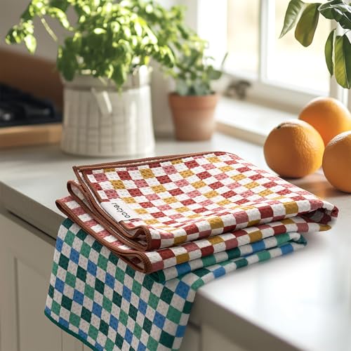 RECYCO Waffle Kitchen Towel Set of 2 - Quick Dry Microfiber Sustainable Dish Towels - Ultra Absorbent Reusable Cleaning Tea Towels - Lightweight Hand Towels,16”x 28”, Checkerboard Bliss - color: Checkerboard Bliss