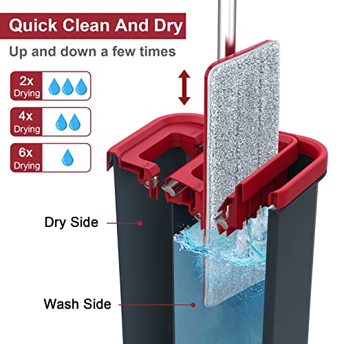 BOSHENG Hands-Free Mop and Bucket Set with 3 Washable Pads, Wet/Dry Floor Cleaning System, Red/Black - size: Mop and Buckets Set with 3 Pads Red