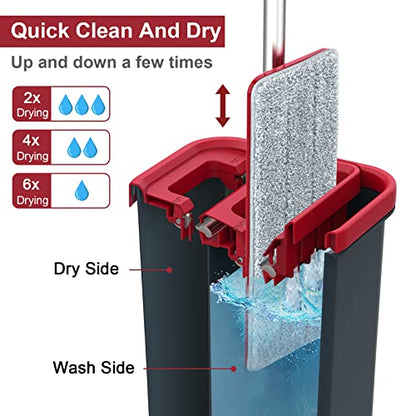 BOSHENG Hands-Free Mop and Bucket Set with 3 Washable Pads, Wet/Dry Floor Cleaning System, Red/Black - size: Mop and Buckets Set with 3 Pads Red