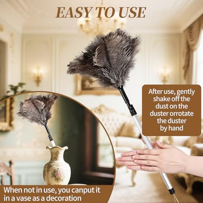 Extendable Ostrich Feather Duster up to 25-49 inches Fluffy Feathers Long Handle Reusable for Cleaning Ceiling Fan Pendant lamp Feather Duster 1pcs - color: Natural-b-1pcs