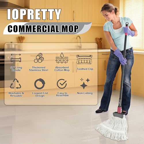 Commercial Mops for Floor Cleaning - Looped-End Heavy Duty Wet Mop with Long Handle for Hardwood Wood Tile Vinyl - Reusable Cotton Head for Home Garage Kichen Bathroom - size: Large mop