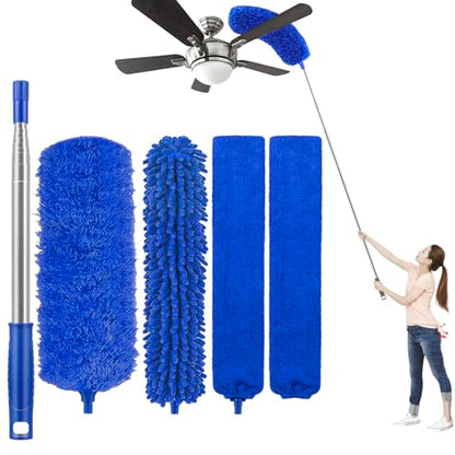 UIMO Microfiber Feather Duster 5-in-1 Kit for Dusting and Cleaning – 30–100" Extension Pole, Anti-Slip Grip, Bendable Washable Heads for Ceiling Fan, Furniture, Car (Blue) - color: Blue