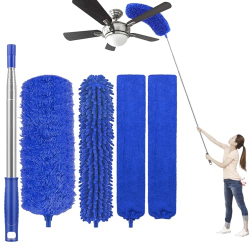 UIMO Microfiber Feather Duster 5-in-1 Kit for Dusting and Cleaning – 30–100" Extension Pole, Anti-Slip Grip, Bendable Washable Heads for Ceiling Fan, Furniture, Car (Blue) - color: Blue
