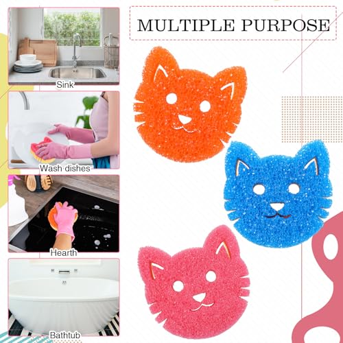 FillTouch 3 Pcs Dual Sided Scrub Sponge Multi Functional Cute Temperature Sensitive Non Scratch Dish Sponge for Washing Dishes Kitchen Bathroom (Cat,Pink, Orange, Royal Blue) - color: Pink, Orange, Royal Blue, style: Cat