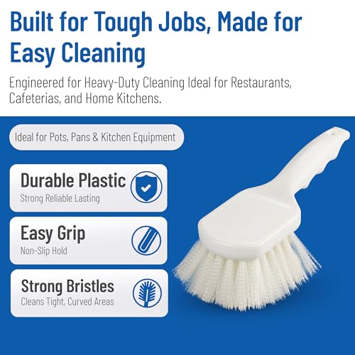 SPARTA Flo-Pac 8" Utility Scrub Brush with 2" Nylon Bristles, Plastic Pistol Grip Handle, Commercial Handheld Cleaning Brush, White - color: White/White