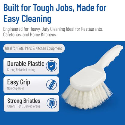 SPARTA Flo-Pac 8" Utility Scrub Brush with 2" Nylon Bristles, Plastic Pistol Grip Handle, Commercial Handheld Cleaning Brush, White - color: White/White