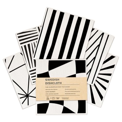Swedish Dishcloths 6 Pack, Reusable Washable Absorbent No Odor Cellulose Cloths, Black White Line Towels for Kitchen Dish Washing, Home Cleaning, Gifts for Environmentally Conscious Women - color: Multi 1523