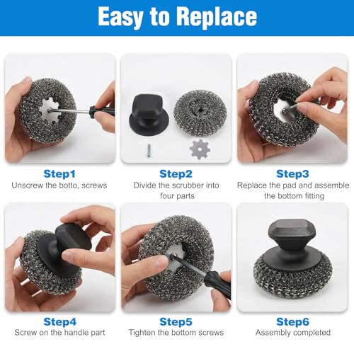 5-Pack Steel Wool Scrubber, Stainless Steel Scrubber Wire Sponge Pads with Handle, Pan Cleaning Scrubber for Scouring Stubborn Messes from Cast Iron, Frying Pan, Oven, Grill, Heavy Duty Pot Scrub