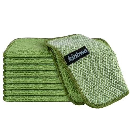 KinHwa Kitchen Washcloths for Dishes Absorbent Microfiber Dish Cloths Quick Dry Dish Rags with Poly Scour Scrub Side Ideal for Kitchen Cleaning (Green, 7inchx7inch 9 Pack) - color: Green, size: 7inchx7inch 9 Pack