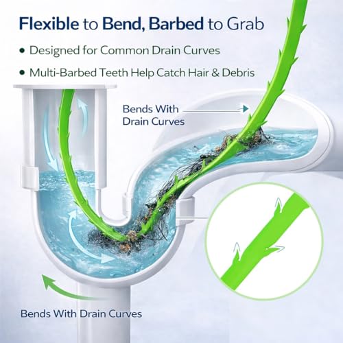 Drain Snake Hair Clog Remover, 4 Pack 20-Inch Flexible Barbed Drain Cleaner for Bathroom Sink, Shower and Bathtub, Reusable Sink Unclogger, Green | Drain Clog Remover