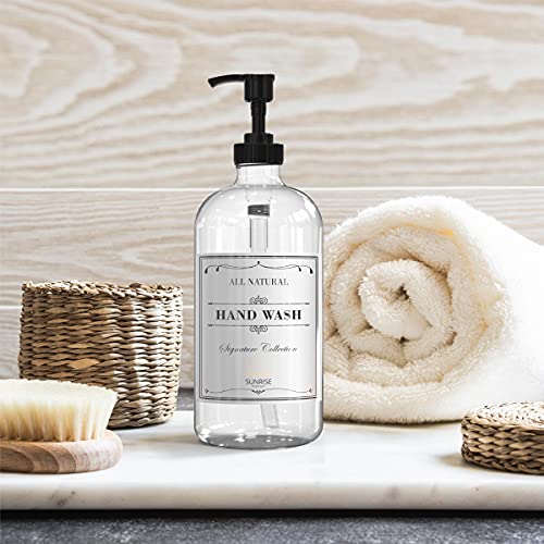 Sunrise Premium 16 OZ Thick Clear Glass Soap Dispenser with Pump 2 Pack, Hand and Dish Soap Dispenser Set for Bathroom and Kitchen with 6 Waterproof Labels - color: Black Plastic Pump - Clear Glass