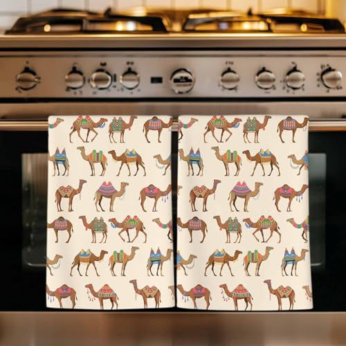 Summer Camels Kitchen Towels Set of 2, Ultra Absorbent Dish Towels Quick Drying Microfiber Hand Towel Decorative Farmhouse Retro Cartoon Desert Animals Tea Towel Dishcloths for Kitchen 18"x28" - color: Brown, size: 2 Pack