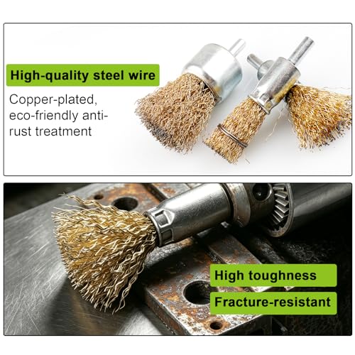 Brass Coated Wire Brush Set for Drill, 1/4 Inch Shank,Crimped Carbon Steel Bristles for Rust Removal, Paint Stripping, Corrosion Cleaning, Surface Scrubbing, Deburring (6 Sizes,30pcs) - size: 6 sizes,30pcs