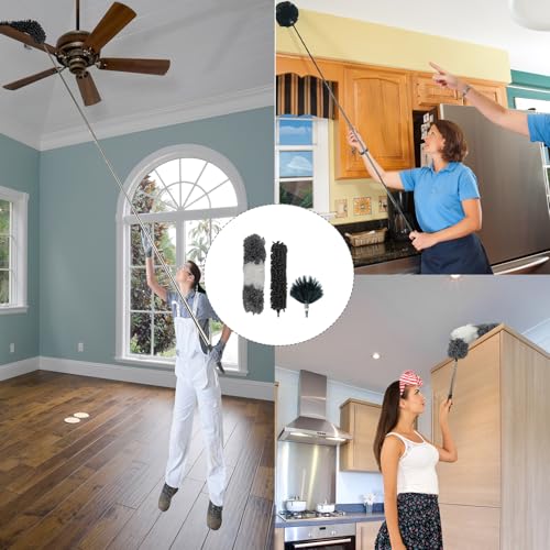 4-in-1 Ceiling Fan Cleaner Duster with 100" Extension Pole,Microfiber Cobweb Duster with 3 Washable Heads,Bendable Spider Web Cleaner Brush for High Ceiling Fans Blinds Windows Wall Furniture