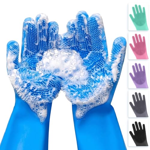 ALPENKOK Silicone Dishwashing Gloves with Scrubber – Non-Slip Silicone Gloves for Washing Dishes | Household Use - color: Light Blue