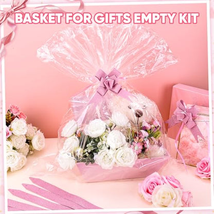 AFOROEOA 10PACK Pink Baskets For Gifts Empty, 10x12” Thick Gift Basket with 10 Bows 10 Bags Empty Gift Baskets for Christmas, Valentine’s Day, Easter, Birthdays, Valentine’s Day Wrapping Gift - color: 10 Pink