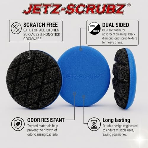 Jetz-Scrubz Scratch-Free Kitchen Scrubber Sponge – Dual Sided Non-Scratch Dish Cleaning Sponge for Cookware, Dishes & Kitchen Surfaces – Odor Resistant, Reusable – Round Scrub Sponges (3 Pack, Blue) - color: Blue
