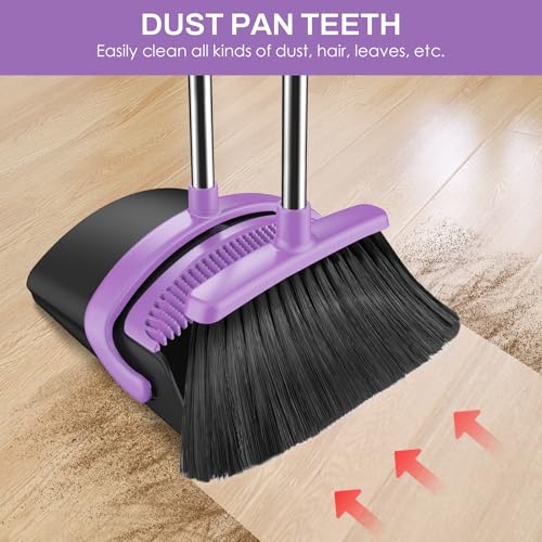 Broom and Dustpan Set for Home, 51-in Long Adjustable Handle Angle Broom and Dustpan Combo Set with Dust Pan Teeth to Clean Hair for Home Kitchen Office Lobby Floor Garden (Black&Purple) - color: Black Purple