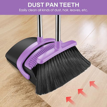 Broom and Dustpan Set for Home, 51-in Long Adjustable Handle Angle Broom and Dustpan Combo Set with Dust Pan Teeth to Clean Hair for Home Kitchen Office Lobby Floor Garden (Black&Purple) - color: Black Purple