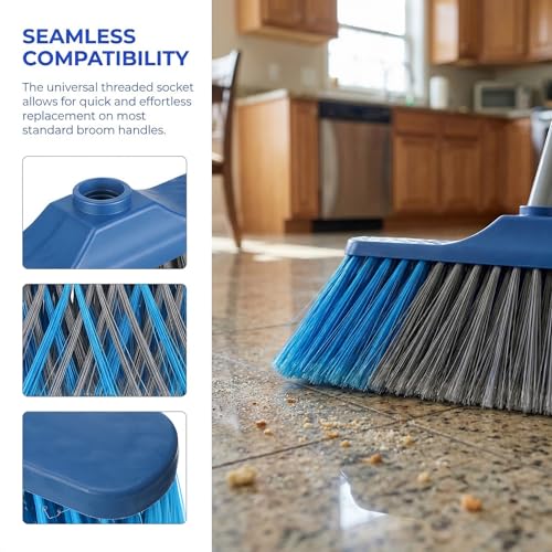 Soft Bristle Broom Head Replacement, Dark Blue Threaded Broom Refills for Household Floor Cleaning, Compatible Indoor and Outdoor Sweeping Accessory